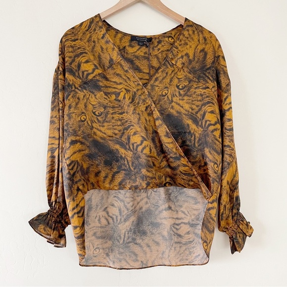 ALLSAINTS Penny Grizedale Cat Print Wrap Front Blouse - Picture 3 of 12